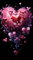 Canvas Print - Pink heart with butterflies on black background, symbolizing love and transformation, vibrant and detailed photography