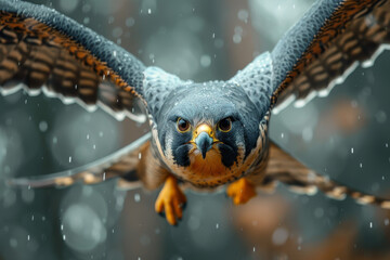 Majestic Falcon in Flight During Snowfall Captured Mid Air with Intense Focus