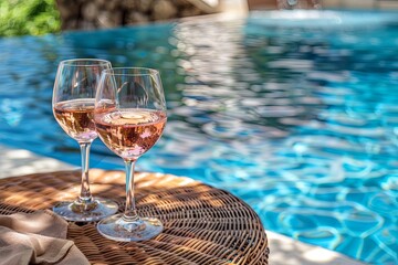 Two Glasses of RosÃ© Wine on a Table near a Brown Sun Lounger in a Pool with Blue Water, View from the Hotel