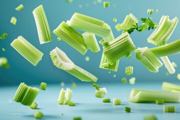 Wall Mural - Celery sticks and cut pieces flying in the air on blue background.