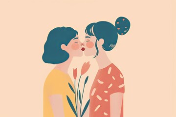 Wall Mural - vector poster, Valentine's Day , two girl kissing minimalist style, 2D style, pastel colors, retro