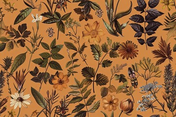Wall Mural - Vintage Botanical Illustrations: A seamless pattern featuring vintage botanical illustrations of flowers