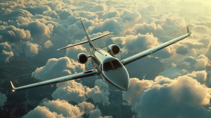 Wall Mural - A private jet flying in the sky with clouds.