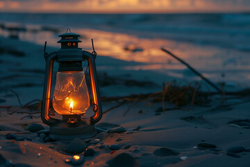 Canvas Print - Close up of kerosene lamp on beach at dusk