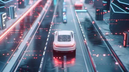 Wall Mural - A selfdriving car equipped with 5G technology communicates with other vehicles pedestrians and infrastructure in realtime creating a safer and more efficient driving experience.