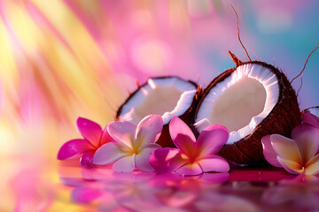 Wall Mural - Halves of fresh ripe tropical coconut and pink plumeria flowers. Bright neon pink, blue and yellow background, gradient, reflection. Advertise, banner.