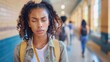 © Pinklife - A young woman stands in a school hallway with her eyes closed, appearing stressed and overwhelmed, embodying the pressure and anxiety experienced by students in educational environments.