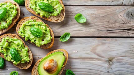 Wall Mural - Wholegrain Bread with Avocado Spread, Light Wooden Table Background, Banner with Copy Space