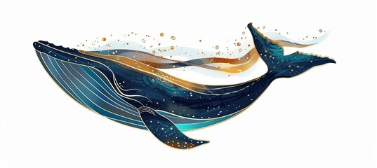 Wall Mural - wide angle, Digital vector design on white background of majestic blue whale in galaxy like water