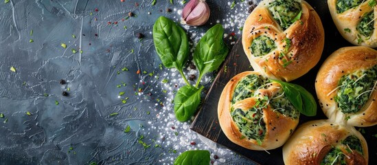 Wall Mural - Baked buns with spinach and garlic on a bright background, perfect for a copy space image.