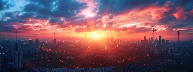 Sticker - Cityscape at Sunset with Wind Turbines and Solar Panels