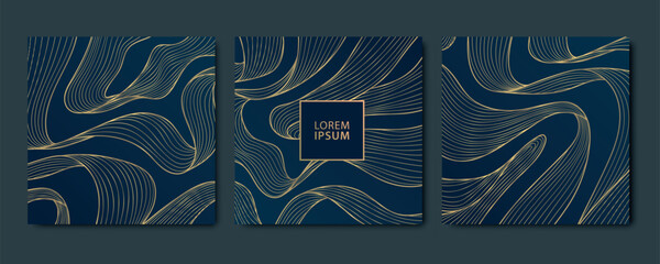 Vector set of gold line abstract cards, elegant square banners, premium design frames. Dark business patterns with ribbons.