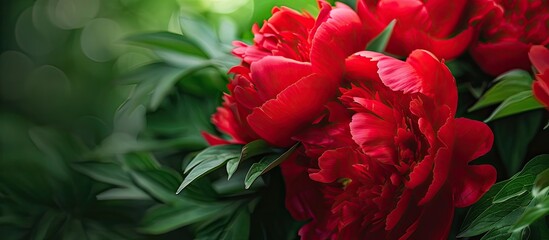 Aufkleber - Beautiful close-up shot of red peony petals against a backdrop of green leaves creating a stunning image with selective focus and copy space.