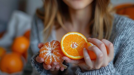 Wall Mural - A close-up image of a woman displaying both peeled and unpeeled oranges in her hands, showcasing the contrast and textures of the fruit, captured in a cozy indoor setting.