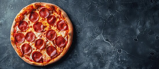 Wall Mural - Delicious pepperoni pizza displayed from above on a dark concrete backdrop with space for additional content; it features tasty sliced pepperoni.