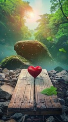 Sticker - Heart shaped red object on wooden plank in forest, symbolizing love and nature, detailed and serene outdoor photography