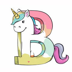 Wall Mural - Alphabet letter B in shape of colorful unicorn character isolated on white background, creative kids font for school, preschool or kindergarten
