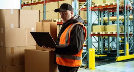 Wall Mural - Man warehouse worker. Retail storage manager with laptop. Storekeeper guy near boxes. Retail warehouse contractor. Man in storage area enterprise. Worker stands in hangar with warehouse furniture