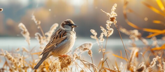 Wall Mural - Close-up image of a bird perched on thin brown grass near a lake with copy space image.