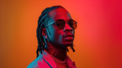 Wall Mural - A close-up portrait of a man with dreadlocks wearing sunglasses, posing in a studio with red and orange lighting