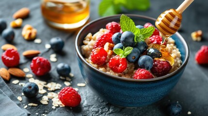 A close-up shot of a bowl of oatmeal topped with blueberries, raspberries, and a drizzle of honey. The bowl is sitting on a dark wooden table with some almonds and oats scattered around