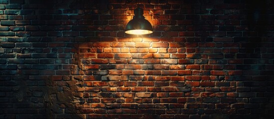 Poster - Dark urban underground setting with a brick wall under a lamp light, ideal as a copy space image.