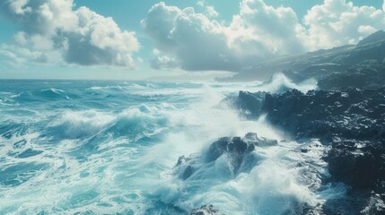 Wall Mural - Beautiful image of ocean waves hitting rocks on a sunny day encapsulating the raw power of nature. Ideal for adventure tourism companies. Generative AI