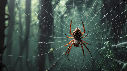 A LARGE SPIDER WEAVES A WEB FOREST BACKGROUND