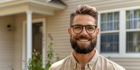 man with a beard and wearing casual attire and glasses smiling in front of a suburban home. concept 