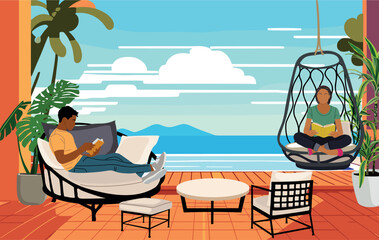 Wall Mural - Young couple relaxing on the sea beach in luxury villa terrace, sitting in the comfortable hanging chair, day bed sofa, reading books. Vector flat colorful illustration.