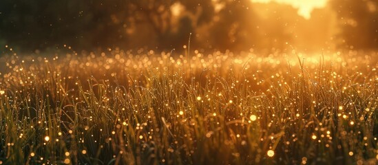 Aufkleber - Early morning sunlight illuminating a field of grass with dew droplets, excellent for copy space images.