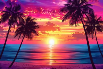 Aufkleber - A picturesque scene of palm trees silhouetted against a vibrant sunset over a calm, tropical beach. Generative AI