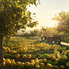 Wall Mural - Cargo truck carrying yellow apples on the road in an orchard with sunset. Concept of food production, transportation, cargo and shipping.