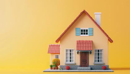 A cute model of a yellow house with red roof and blue shutters against a solid yellow background, representing simplicity, home, and warmth