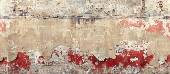 Poster - An aged, empty brick wall with a distressed, grungy red stonewall background offers a shabby building facade with damaged plaster, perfect for an abstract web banner with copy space image.