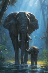 Wall Mural - A mother elephant carefully guards her baby in the night jungle.