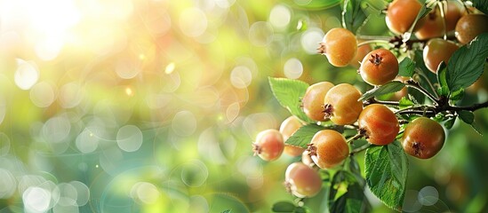 Aufkleber - Fantastic view of wild fruit against a blurred green backdrop in a garden with sunlight, perfect as a background with natural green plants, depicting a fresh and eco-friendly wallpaper concept with