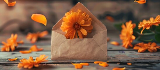 Canvas Print - Kraft paper envelope adorned with lovely orange flowers and a blank message; ideal for a copy space image.