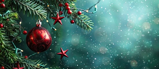 Poster - Christmas-themed banner featuring a decorated tree with a red bauble star on a green branch. Includes copy space image for text.
