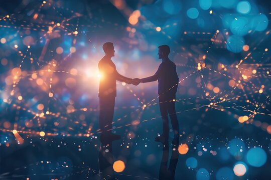 Handshake for teamwork of business merger and acquisition, successful negotiate. Hand shake, two businessman shake hand with partner to celebration partnership deal. Network effects for tech industry