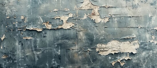 Poster - Vintage-style wooden texture on a shabby grey wall background, featuring an old cracked board with peeling paint ideal for a horizontal copy space image.