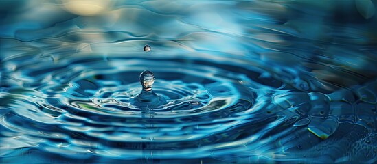 Poster - A water droplet ascends after landing on a rippled blue water surface with copy space image.