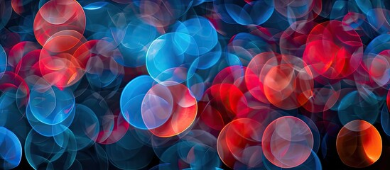 Aufkleber - Abstract colorful bokeh swirls with a red and blue lamp against a black background, creating a defocused, blurred pattern of round lights in a copy space image.