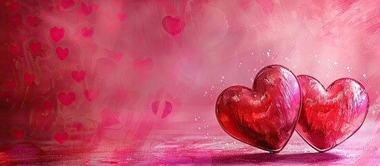 Poster - Valentine's themed greeting card idea featuring two artistic hearts on a vibrant pink or red backdrop with room for additional designs in a copy space image.