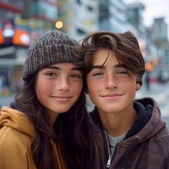 Wall Mural - A happy young Caucasian couple casually smiles for a photo, looking at the camera against a city background, with rim light highlighting their hair.