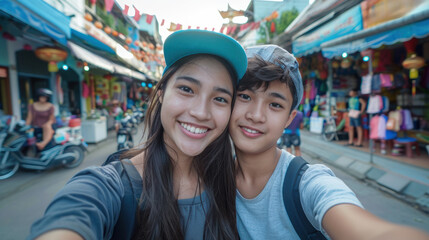 Wall Mural - A happy young Caucasian couple casually smiles for a photo, looking at the camera against a city background, with rim light highlighting their hair.