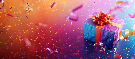 Poster - Festive gift box surrounded by vibrant colors, perfect for Christmas and New Year celebrations, with copy space image.