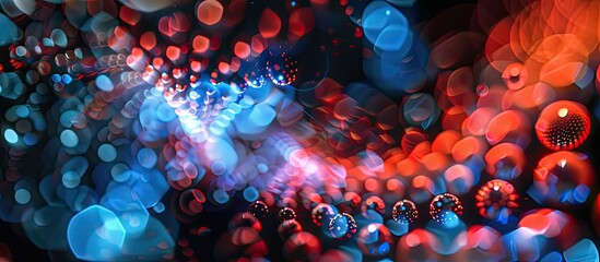Aufkleber - Abstract colorful bokeh swirls with a red and blue lamp against a black background, creating a defocused, blurred pattern of round lights in a copy space image.