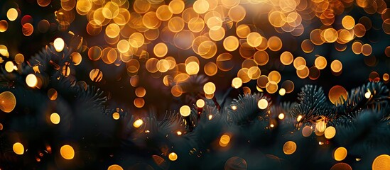Aufkleber - A golden abstract bokeh on a black backdrop with festive lights, perfect for Christmas and special occasions, creating a Holiday concept with a blurred overlay for your copy space image.