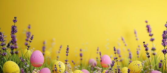 Poster - Easter-themed backdrop in yellow with lavender blooms. Ample copy space image included.